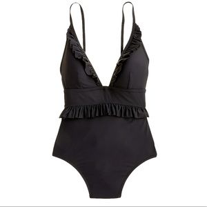 J. Crew Long Torso Ruffle Deep V One-piece Swimsuit Size 0 Black NWT